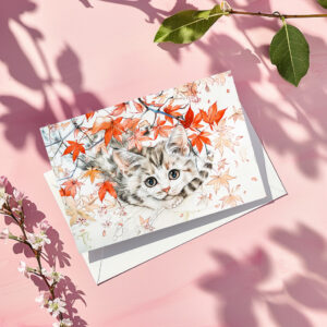 raxxa Postkarte: Curious Kitten in Autumn Leaves in Chinese Ink Painting Style