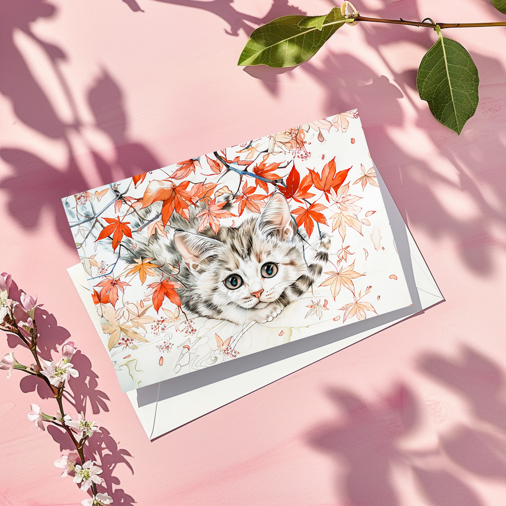 raxxa Postkarte: Curious Kitten in Autumn Leaves in Chinese Ink Painting Style