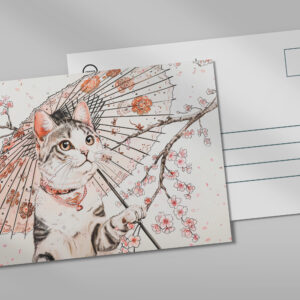 raxxa Postkarte: Graceful Geisha Cat with Ornate Parasol and Cherry Blossoms