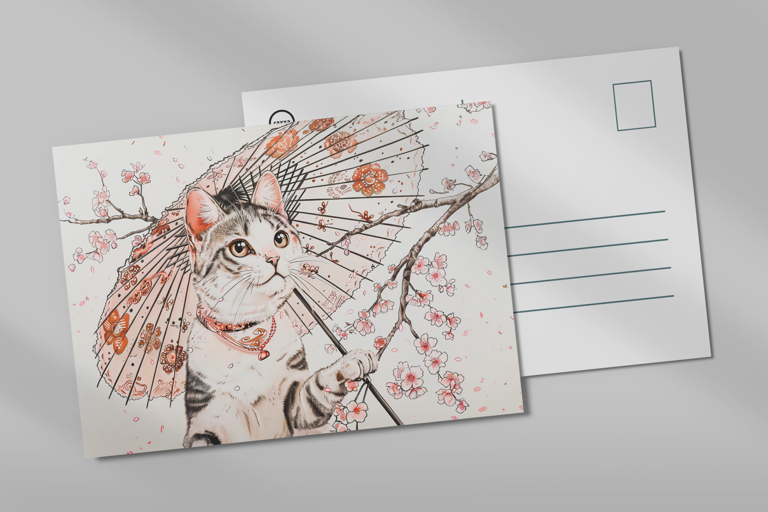 raxxa Postkarte: Graceful Geisha Cat with Ornate Parasol and Cherry Blossoms