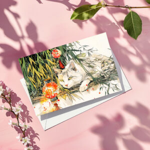 raxxa Postkarte: White Geisha Cat with in Bamboo Forest Chinese Ink Painting Style