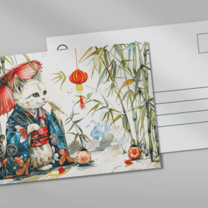raxxa Postkarte: White Geisha Cat with Red Umbrella in Bamboo Forest – Chinese Ink Painting Style