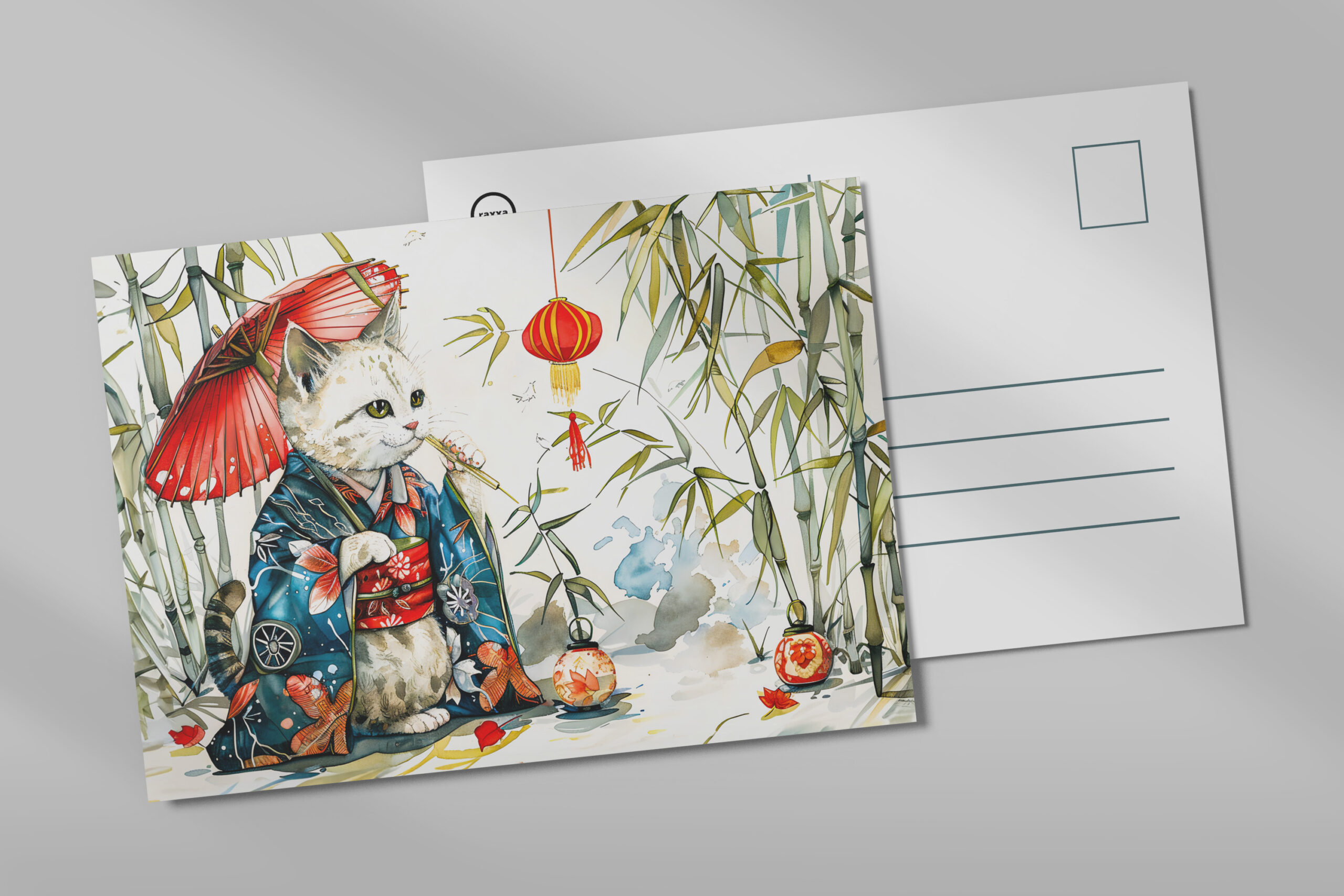 raxxa Postkarte: White Geisha Cat with Red Umbrella in Bamboo Forest – Chinese Ink Painting Style