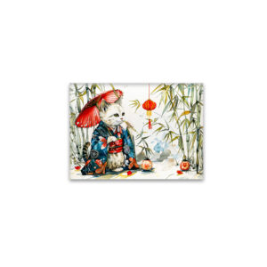 raxxa Glas-Magnet: White Geisha Cat with Red Umbrella in Bamboo Forest – Chinese Ink Painting Style