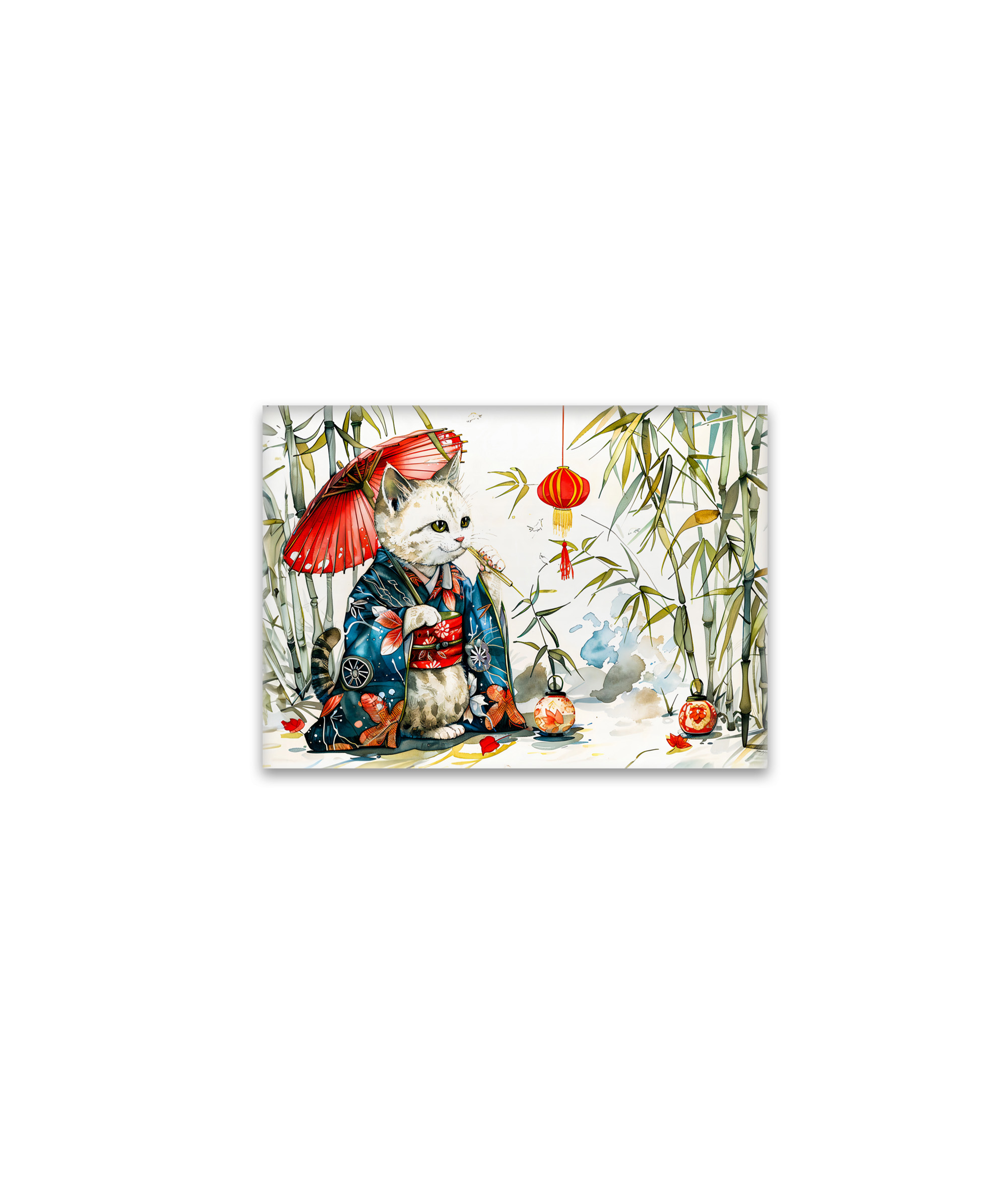 raxxa Glas-Magnet: White Geisha Cat with Red Umbrella in Bamboo Forest – Chinese Ink Painting Style