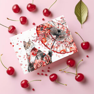 raxxa Postkarte: Elegant Geisha Cat with Red Umbrella and Cherry Blossoms Asian Ink Art