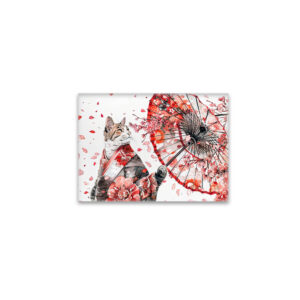 raxxa Glas-Magnet: Elegant Geisha Cat with Red Umbrella and Cherry Blossoms Asian Ink Art