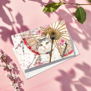 raxxa Postkarte: Geisha Cat with Parasol and Cherry Blossoms in Chinese Ink Painting