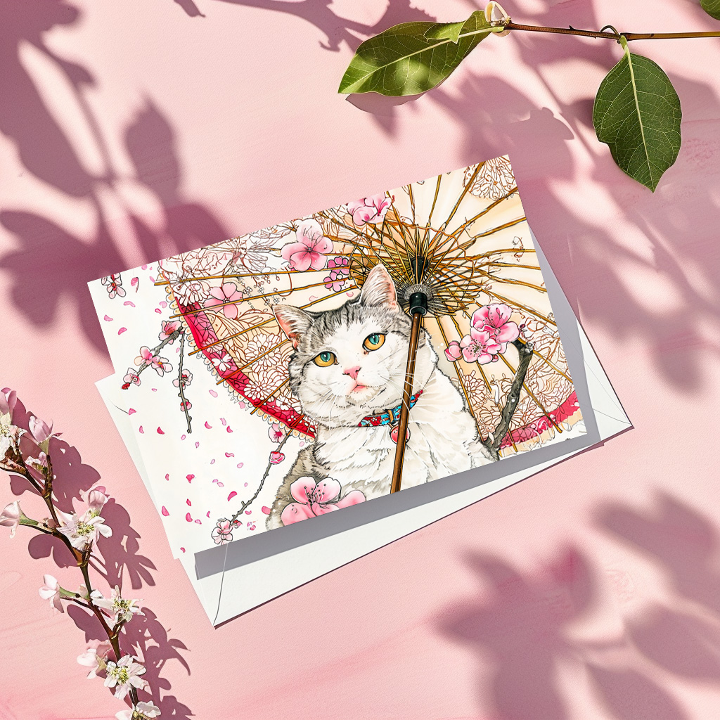 raxxa Postkarte: Geisha Cat with Parasol and Cherry Blossoms in Chinese Ink Painting