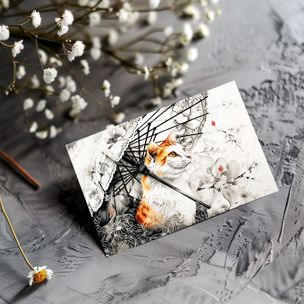 raxxa Postkarte: Graceful Geisha Cat with White Orchids in Chinese Ink Painting Style