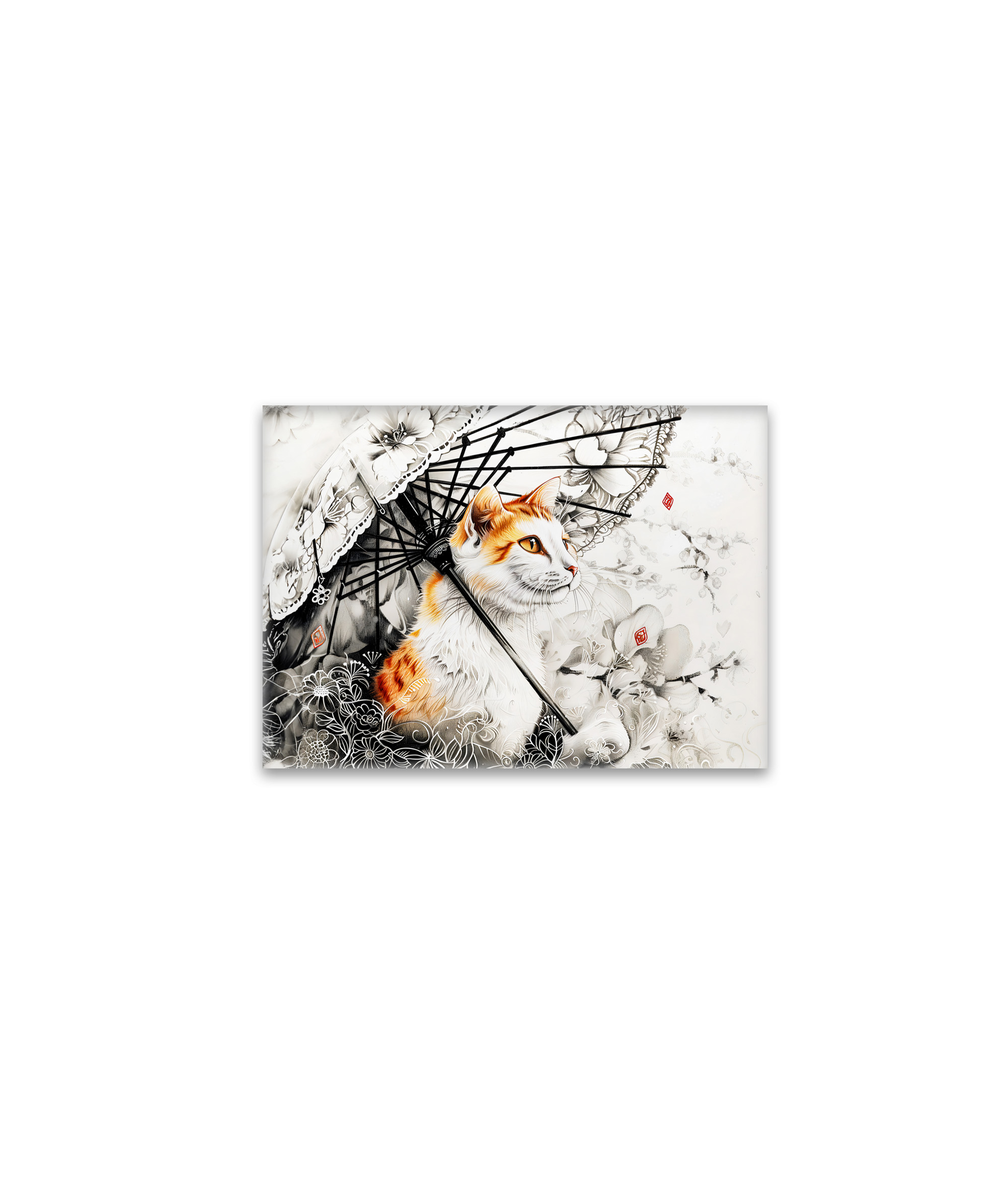 raxxa Glas-Magnet: Graceful Geisha Cat with White Orchids in Chinese Ink Painting Style