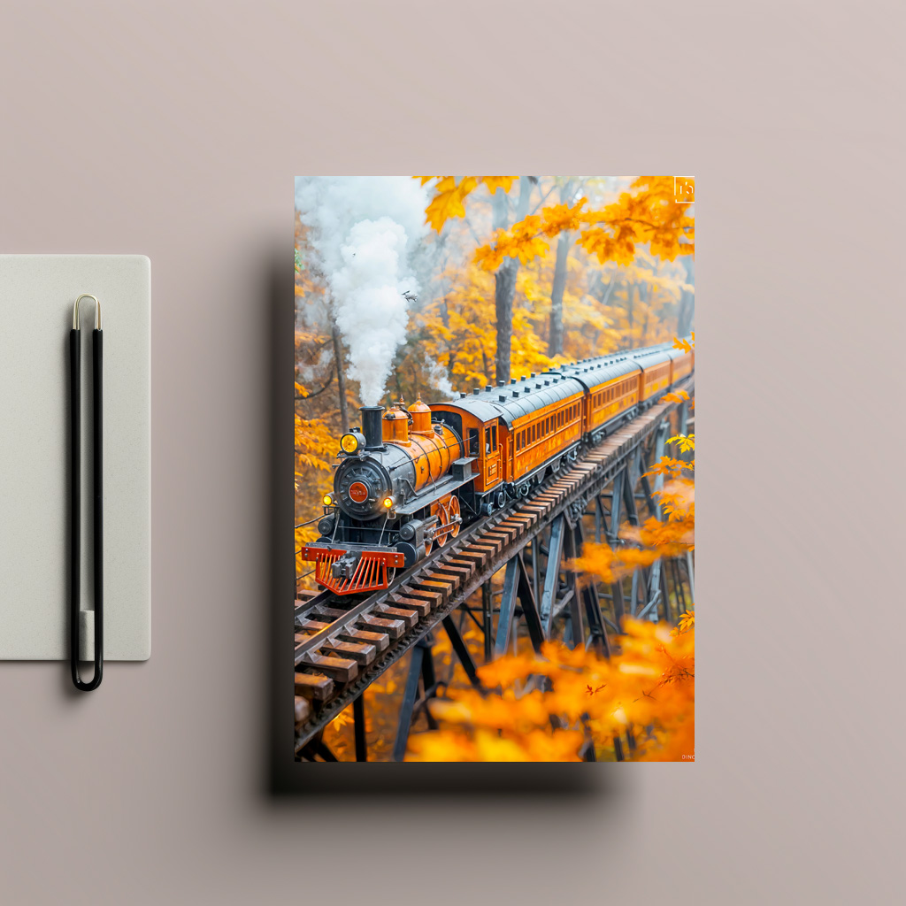raxxa Postkarte: Miniature steam train on forest trestle bridge