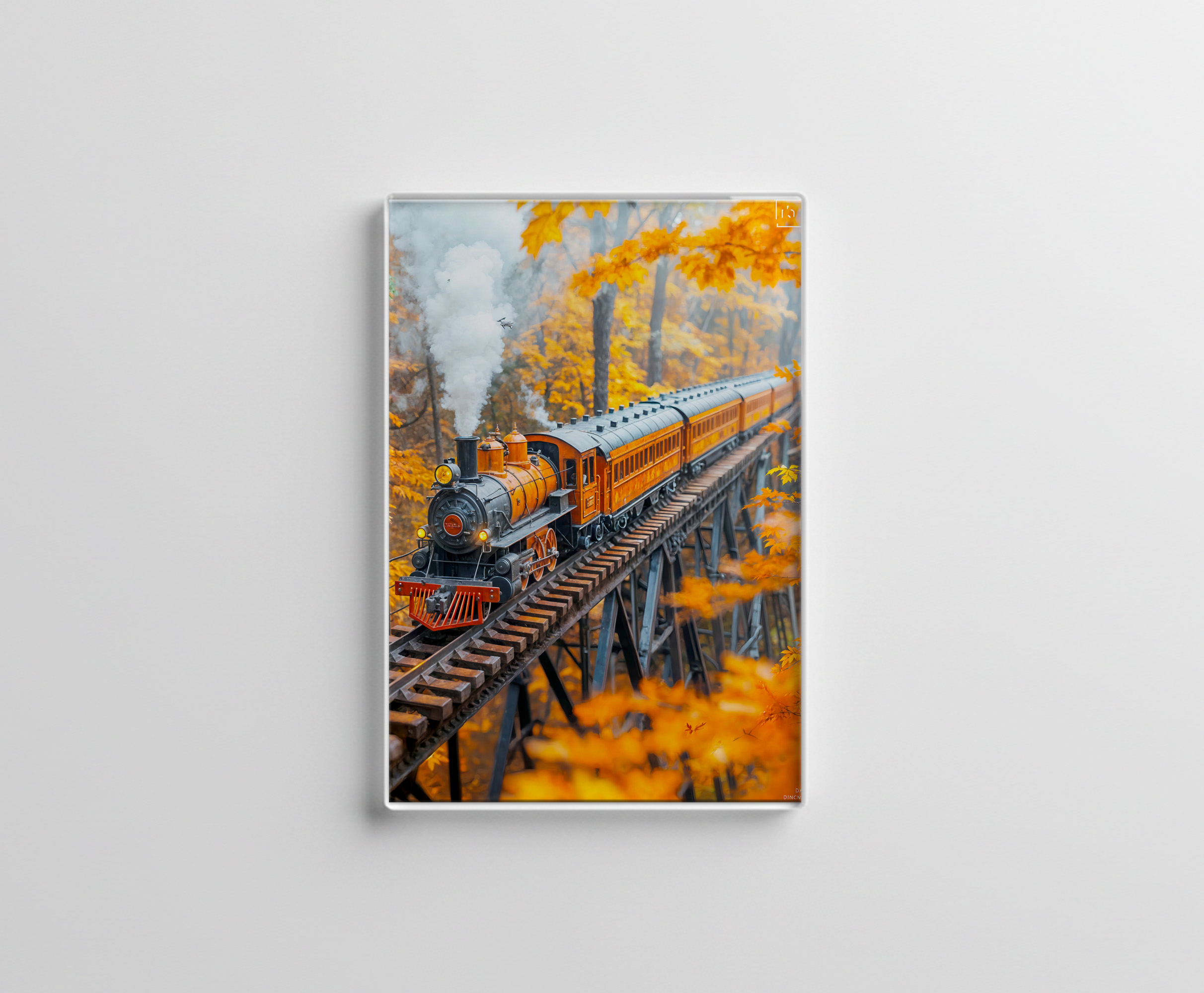 raxxa Glas-Magnet: Miniature steam train on forest trestle bridge