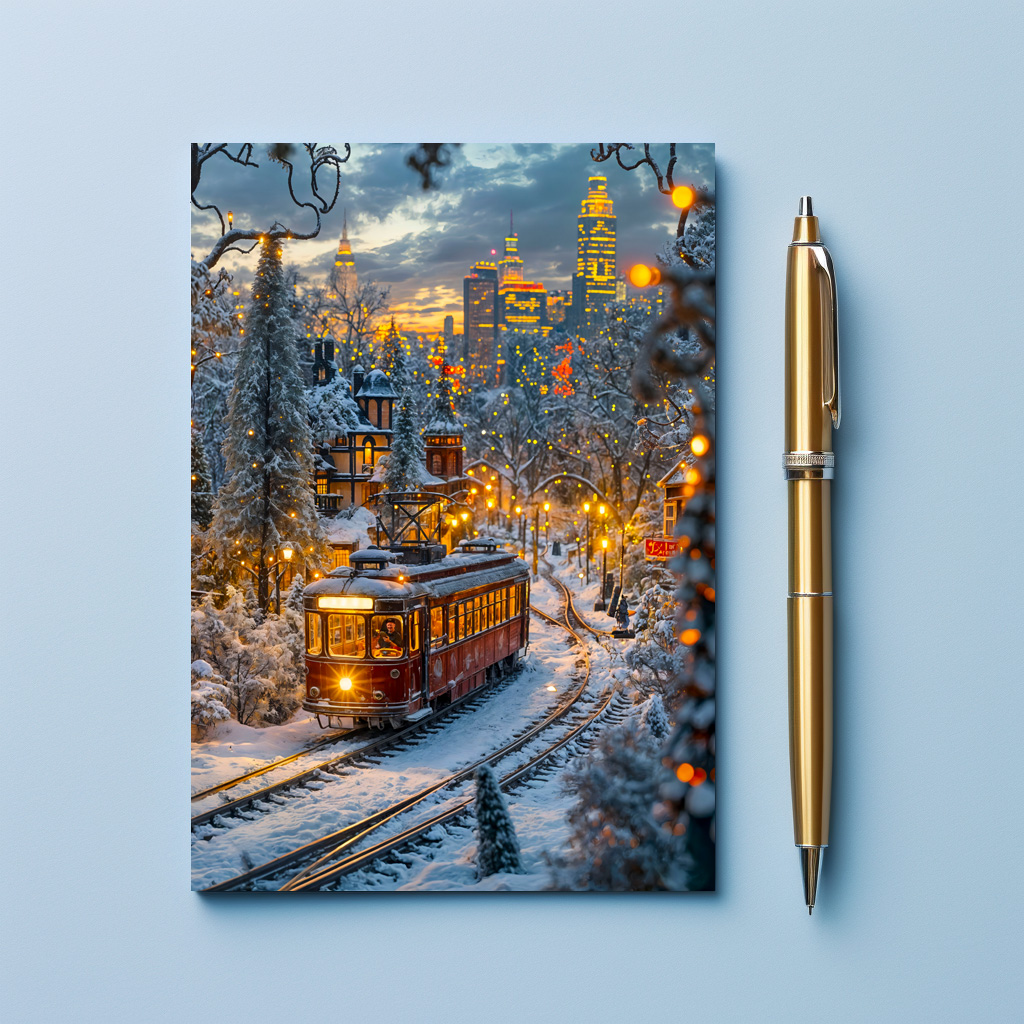 raxxa Postkarte: Miniature tram in snowy winter city