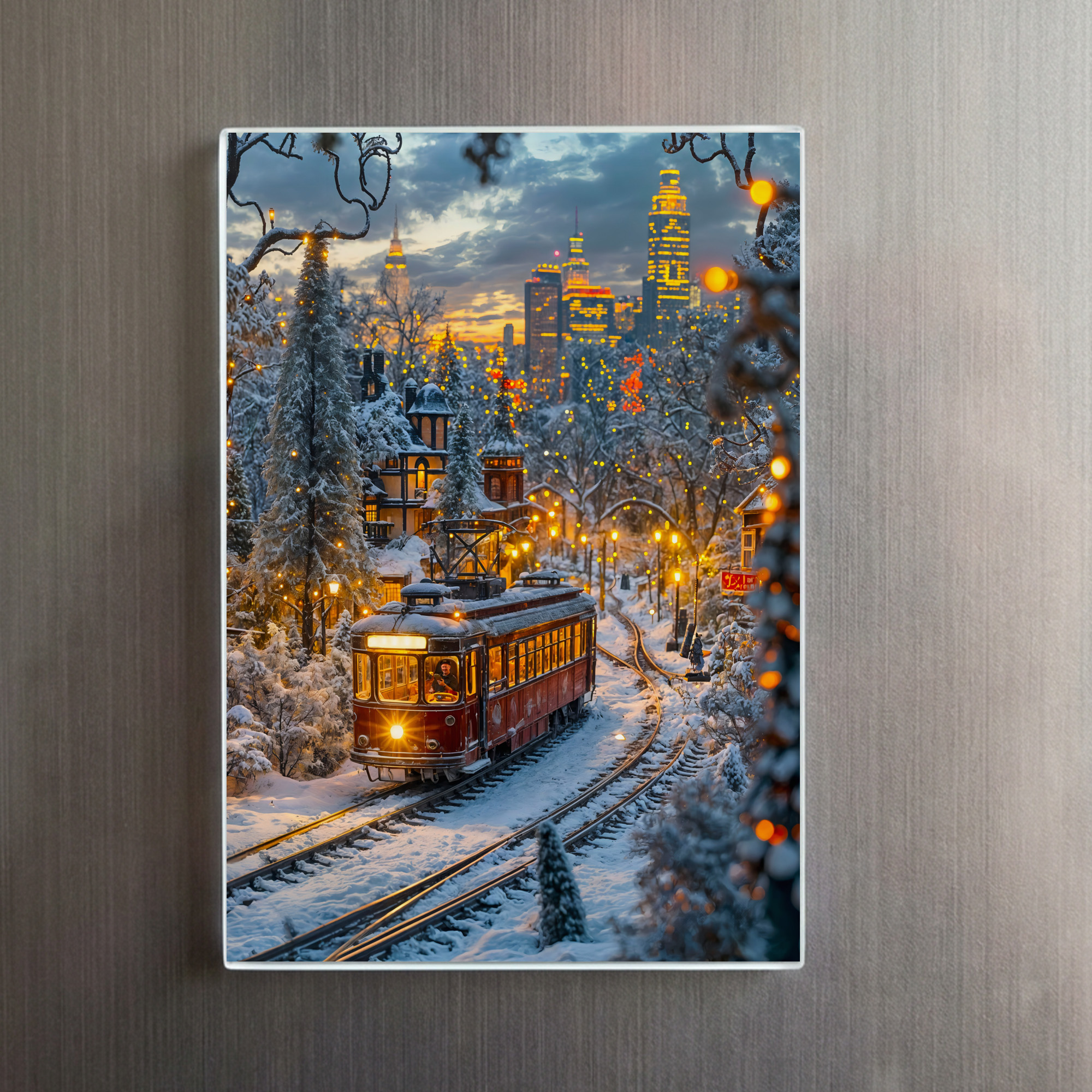 raxxa Glas-Magnet: Miniature tram in snowy winter city – Bild 2
