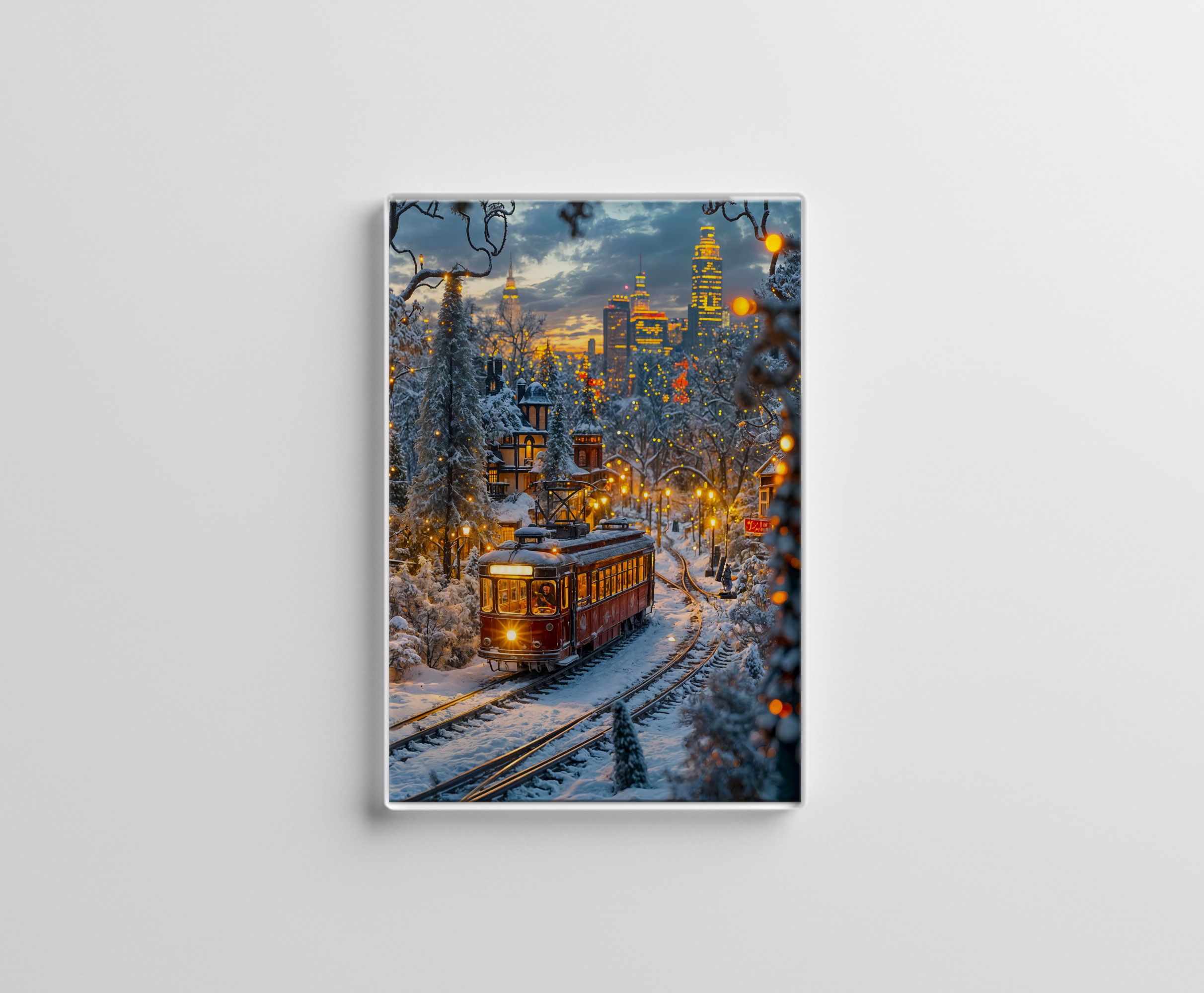 raxxa Glas-Magnet: Miniature tram in snowy winter city