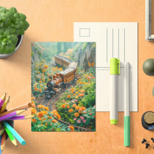 raxxa Postkarte: Miniature train in vibrant mountain meadow