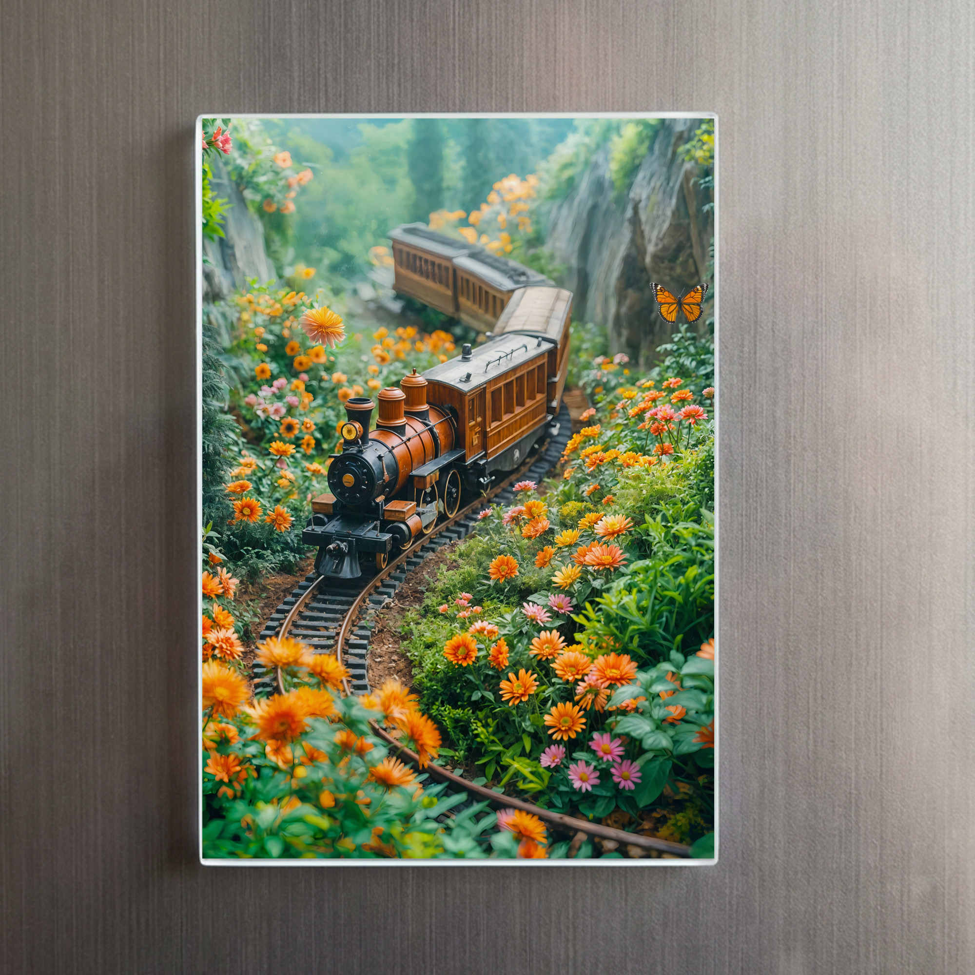 raxxa Glas-Magnet: Miniature train in vibrant mountain meadow – Bild 2