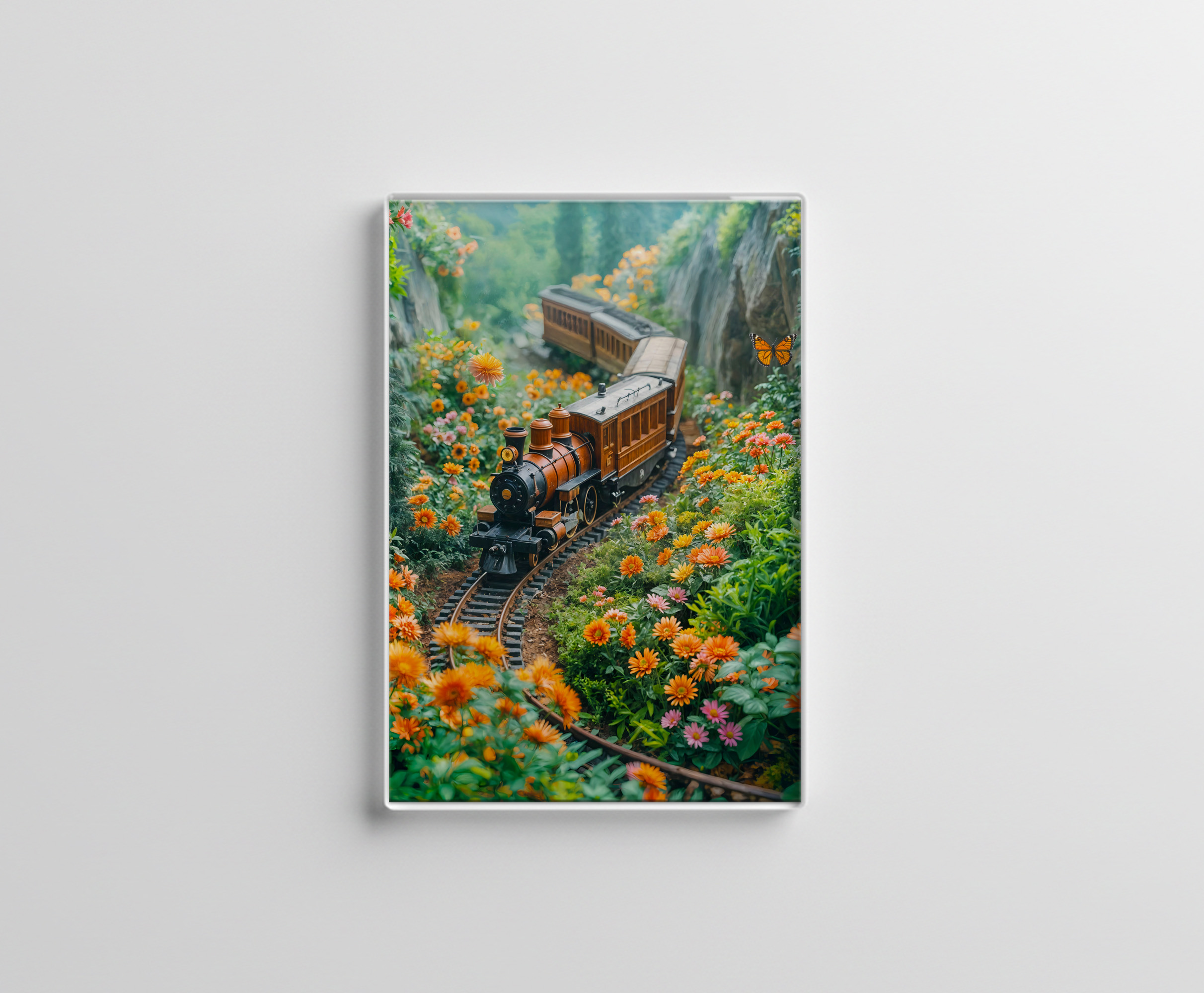 raxxa Glas-Magnet: Miniature train in vibrant mountain meadow