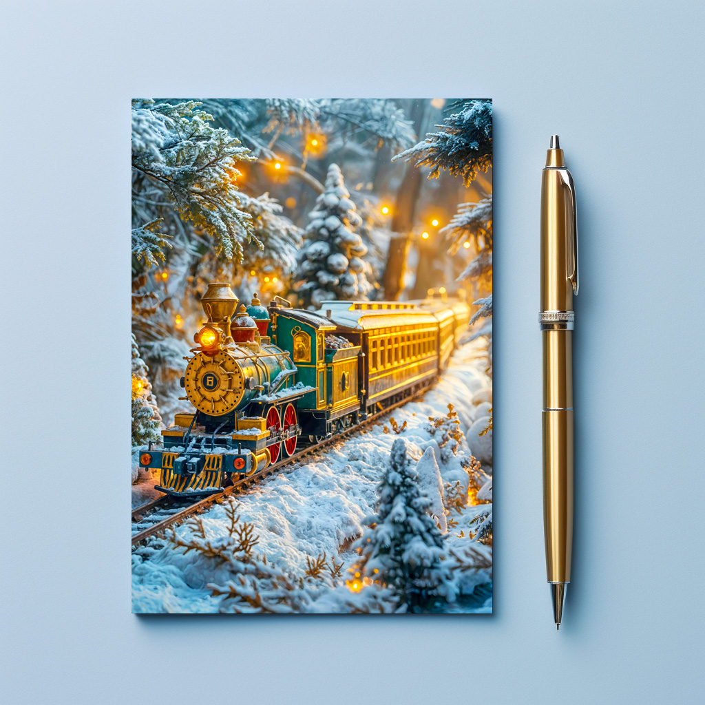 raxxa Postkarte: Miniature steam train on snowy mountain track