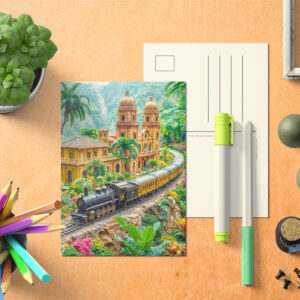raxxa Postkarte: Miniature train through tropical palace garden