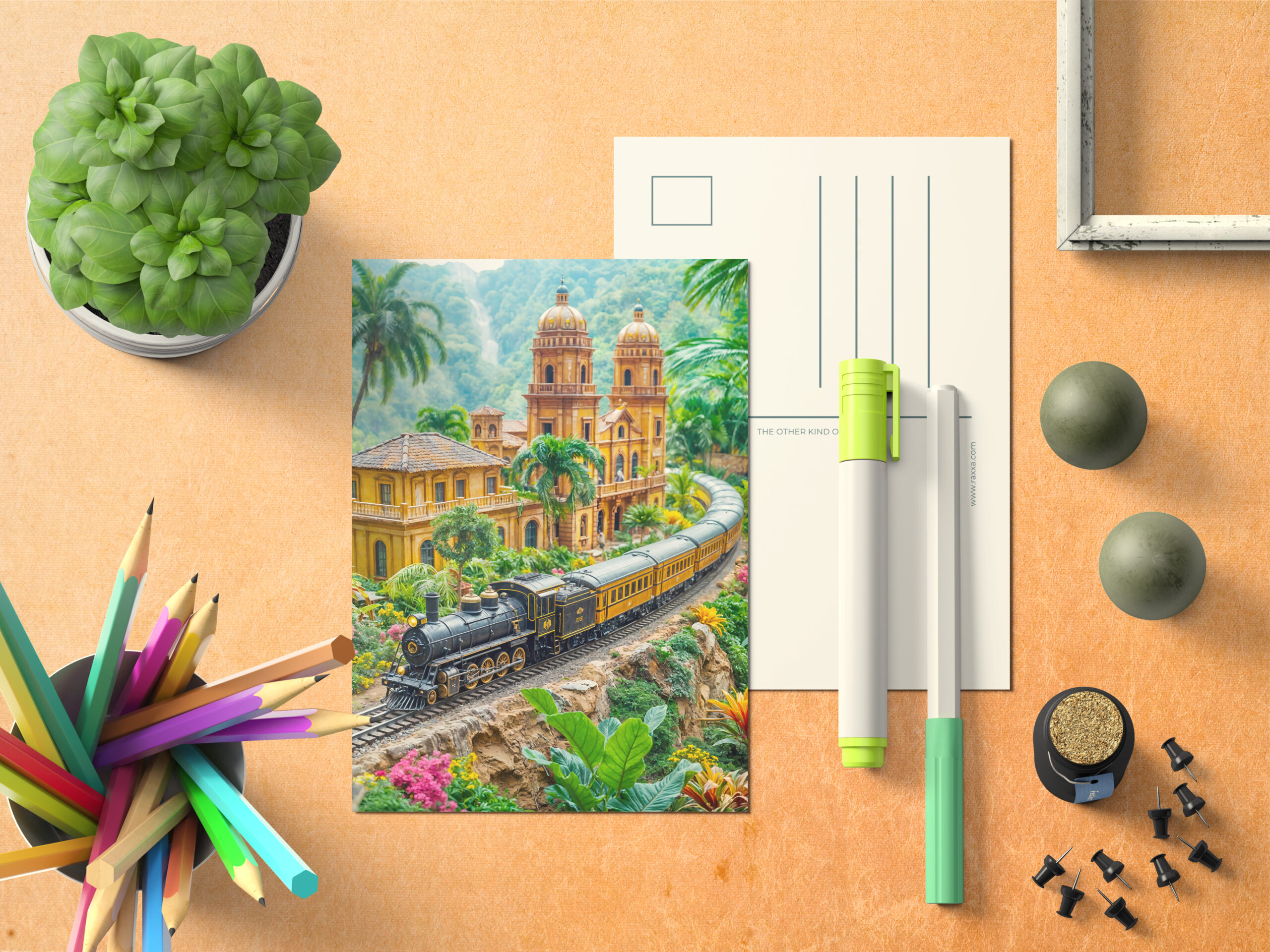 raxxa Postkarte: Miniature train through tropical palace garden