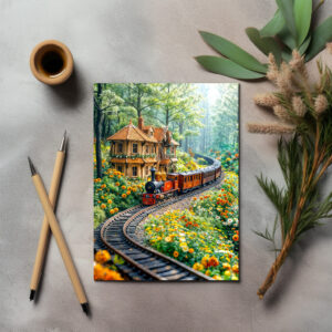 raxxa Postkarte: Miniature train winding through spring hills