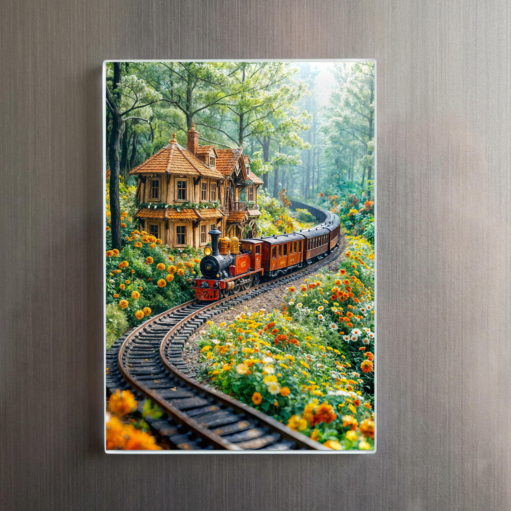 raxxa Glas-Magnet: Miniature train winding through spring hills – Image 2