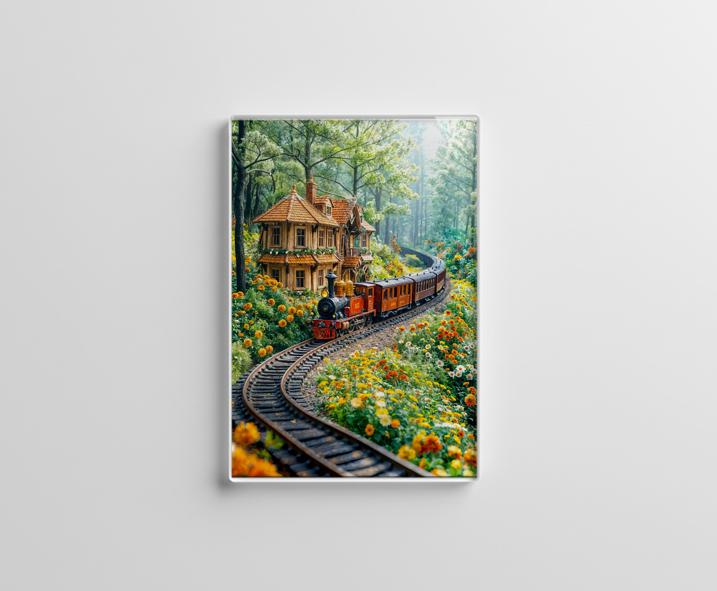 raxxa Glas-Magnet: Miniature train winding through spring hills