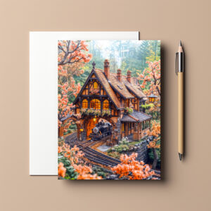 raxxa Postkarte: Miniature steam train under cherry blossoms
