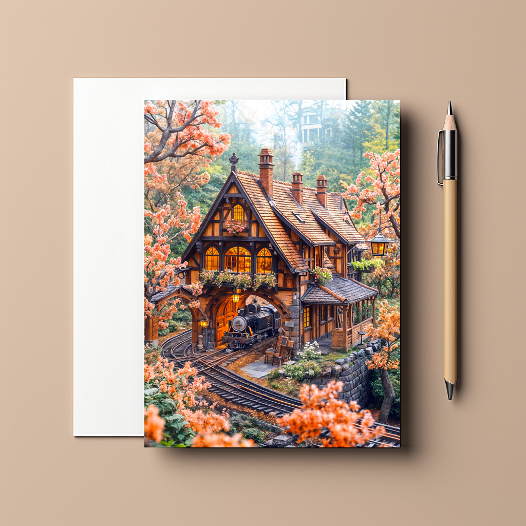 raxxa Postkarte: Miniature steam train under cherry blossoms