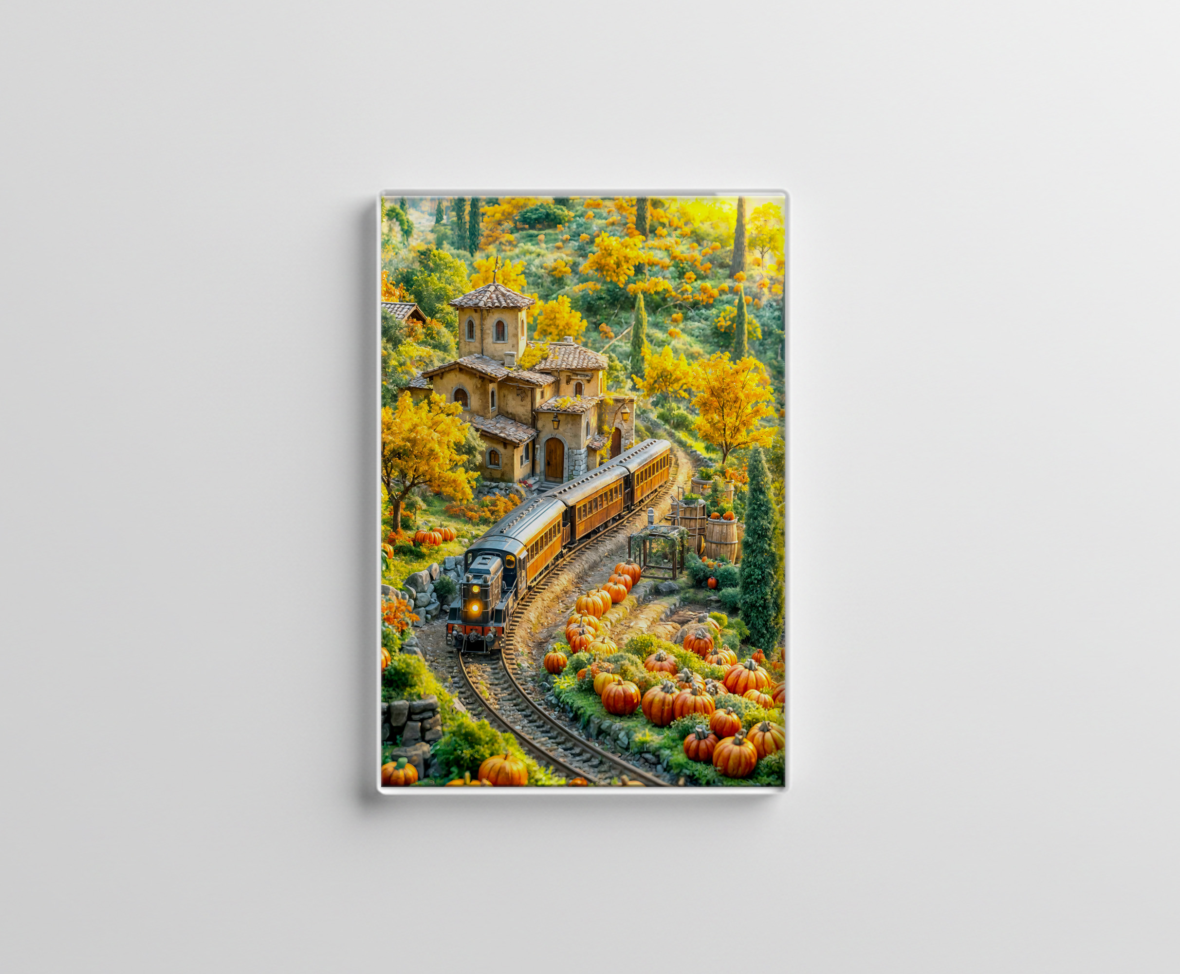 raxxa Glas-Magnet: Miniature train in golden pumpkin village