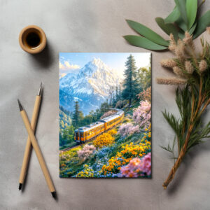 raxxa Postkarte: Miniature train in blooming alpine spring