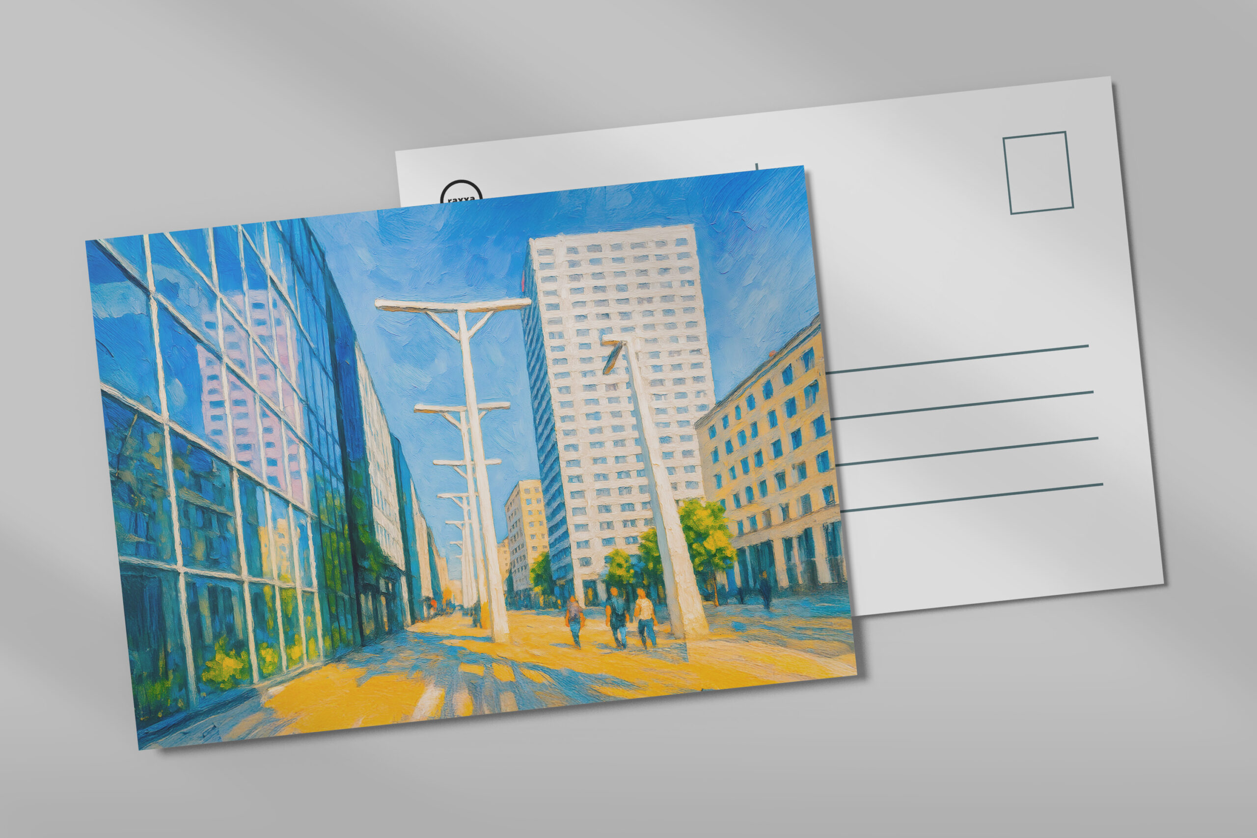 raxxa Postkarte: Skyscrapers and street life Warsaw oil painting