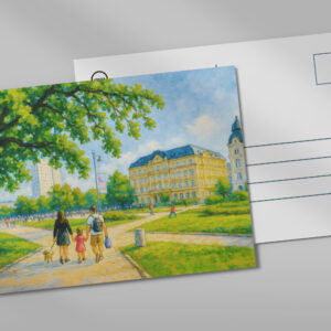 raxxa Postkarte: Park stroll in Warsaw oil painting with trees and skyline