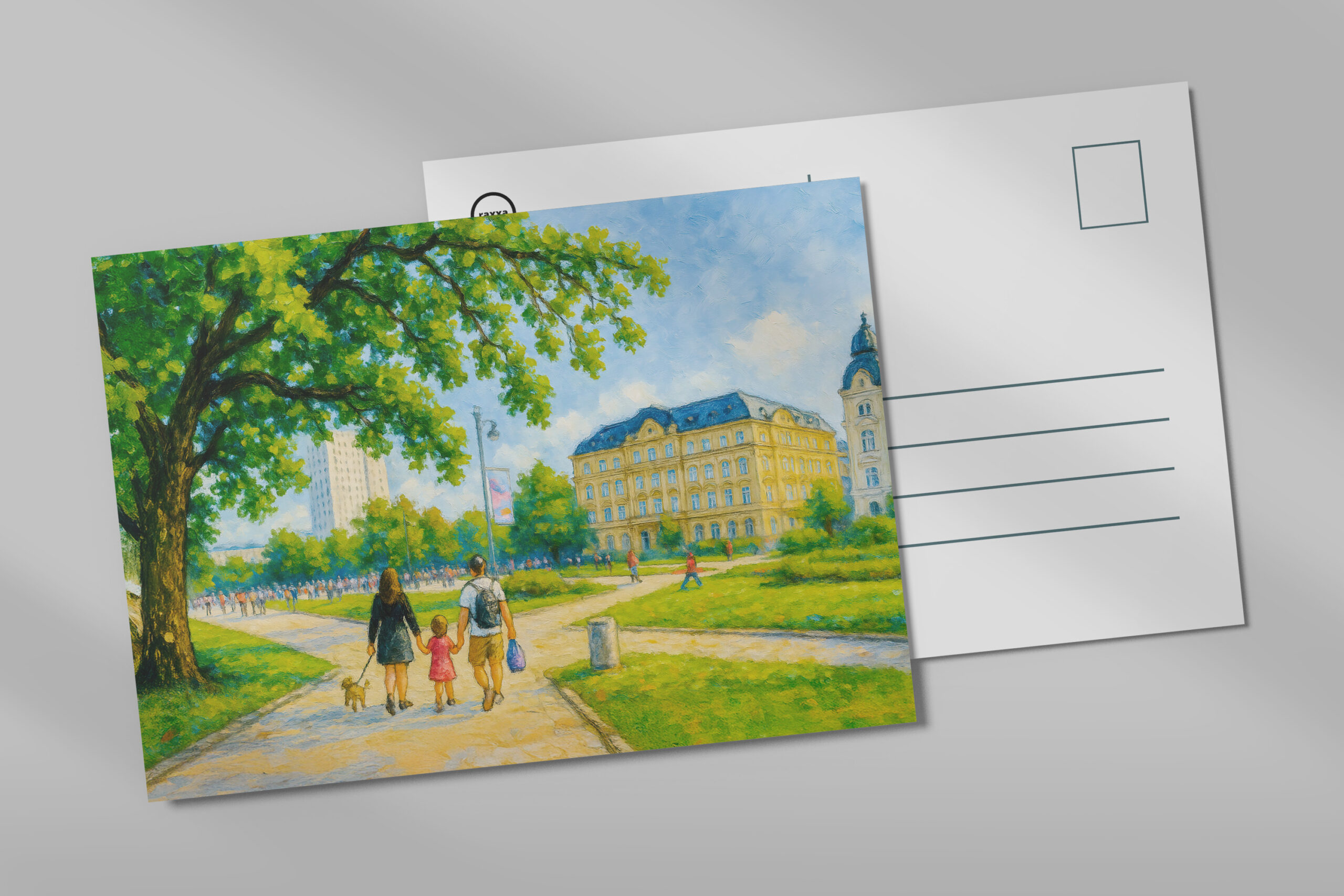 raxxa Postkarte: Park stroll in Warsaw oil painting with trees and skyline