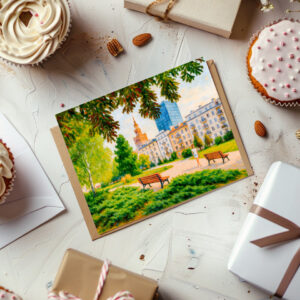 raxxa Postkarte: Park view with Warsaw skyline colorful oil painting