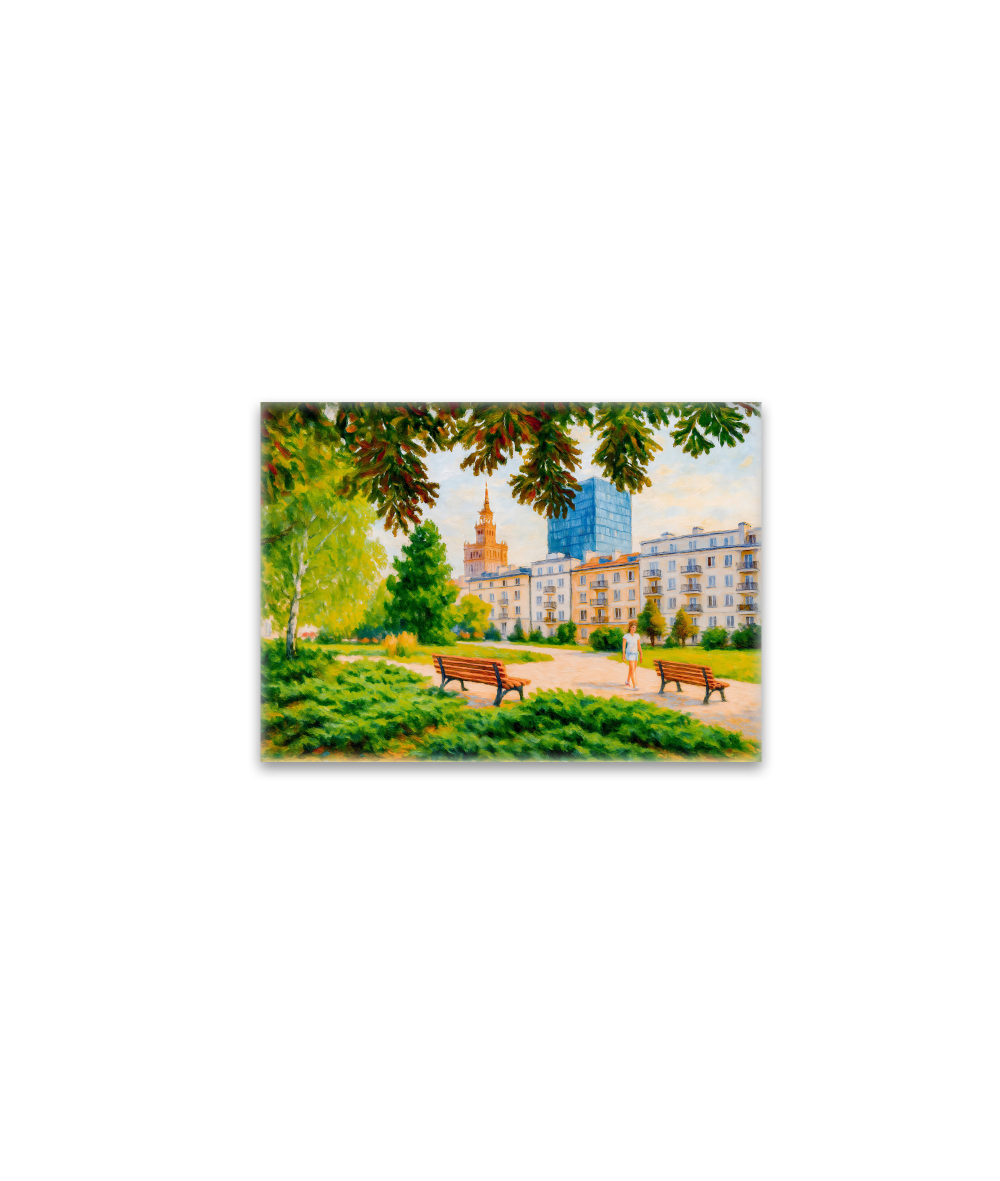 raxxa Glas-Magnet: Park view with Warsaw skyline colorful oil painting