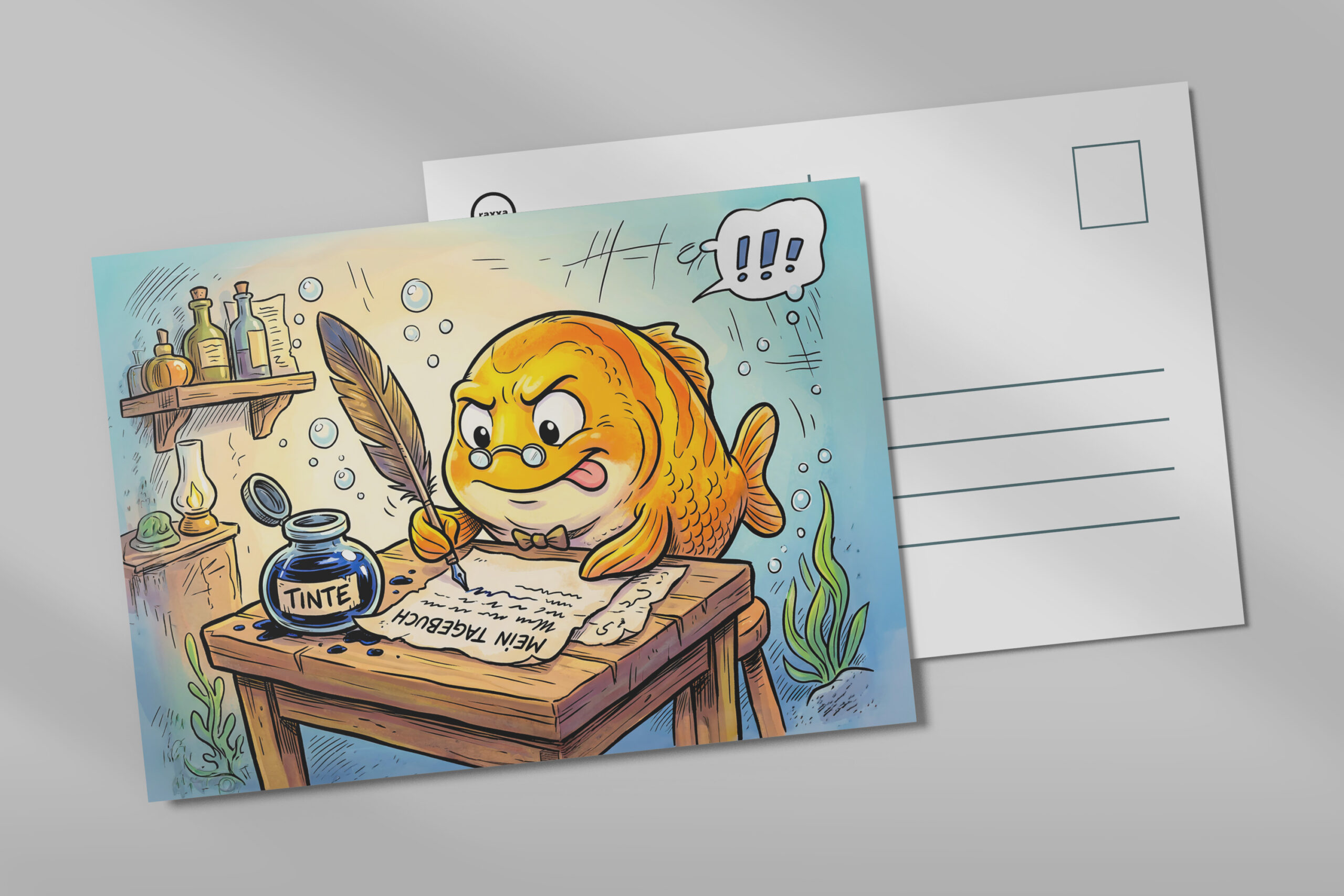 raxxa Postkarte: Fish with Ink Bottle on Wooden Table