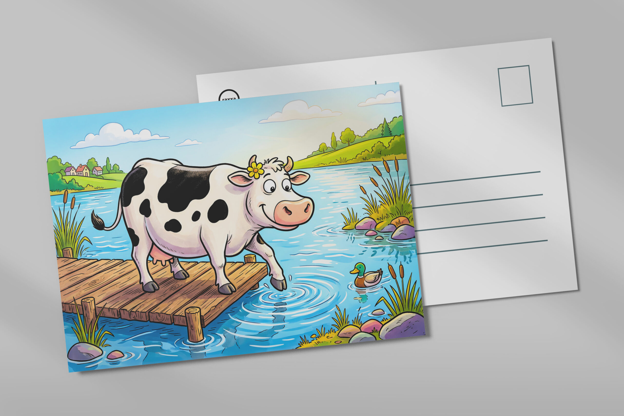raxxa Postkarte: Cow Standing Beside a Lake in Peaceful Landscape