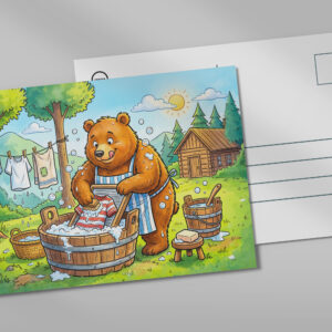 raxxa Postkarte: Bear Washing Laundry Outdoors in Forest