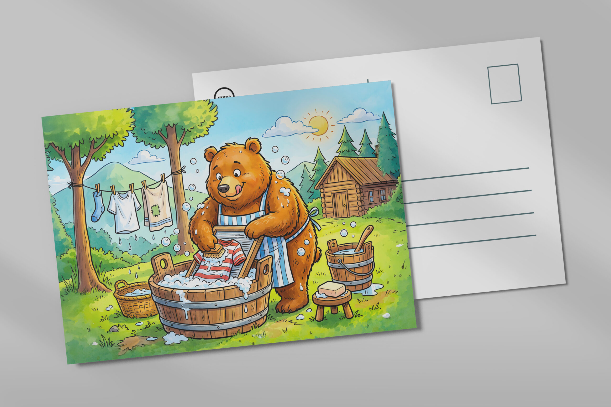 raxxa Postkarte: Bear Washing Laundry Outdoors in Forest