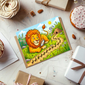 raxxa Postkarte: Lion Observing a Line of Ants with Magnifying Glass