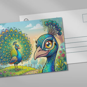 raxxa Postkarte: Peacock Holding a Large Cartoon Eye Outdoors