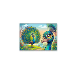 raxxa Glas-Magnet: Peacock Holding a Large Cartoon Eye Outdoors
