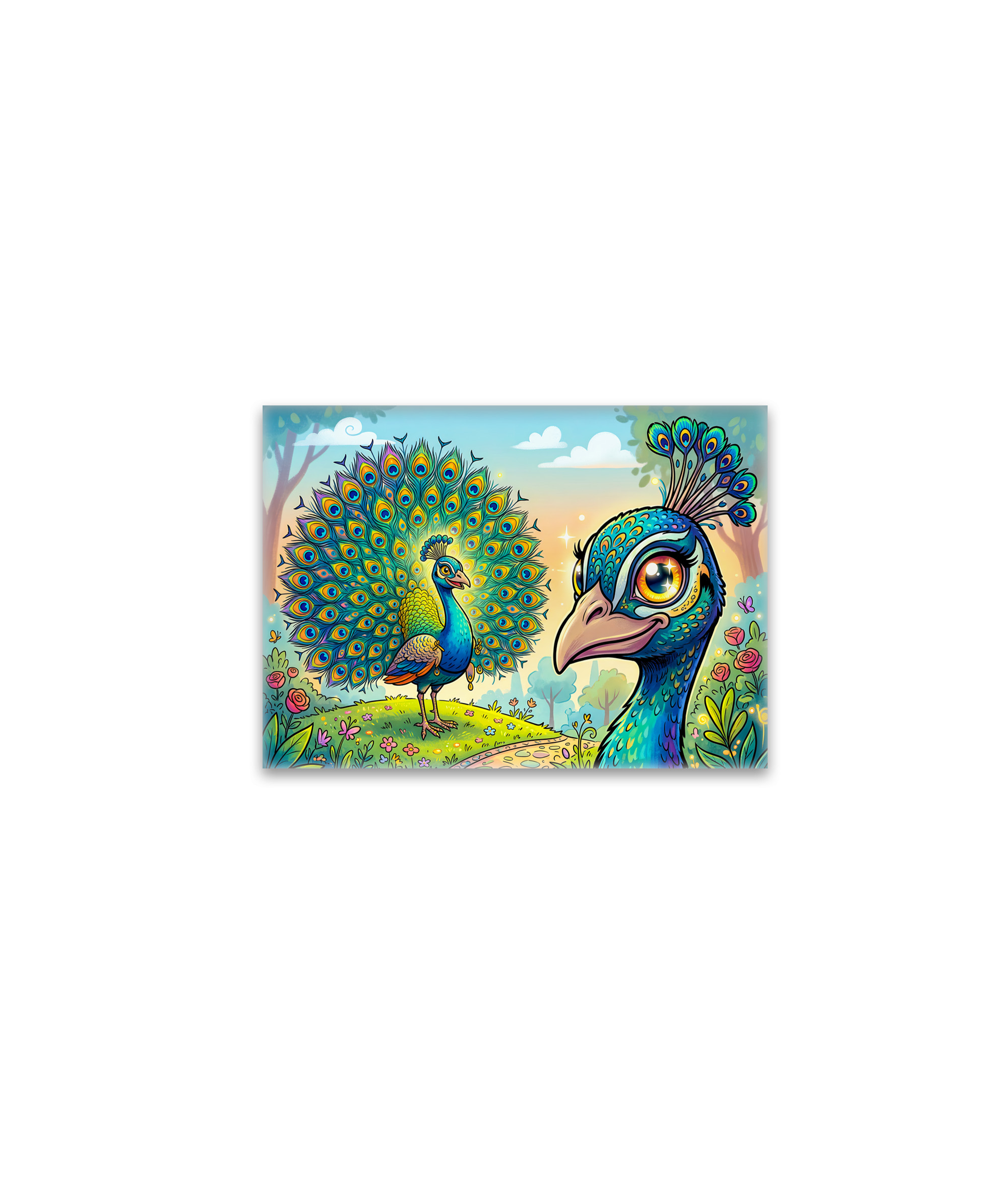 raxxa Glas-Magnet: Peacock Holding a Large Cartoon Eye Outdoors