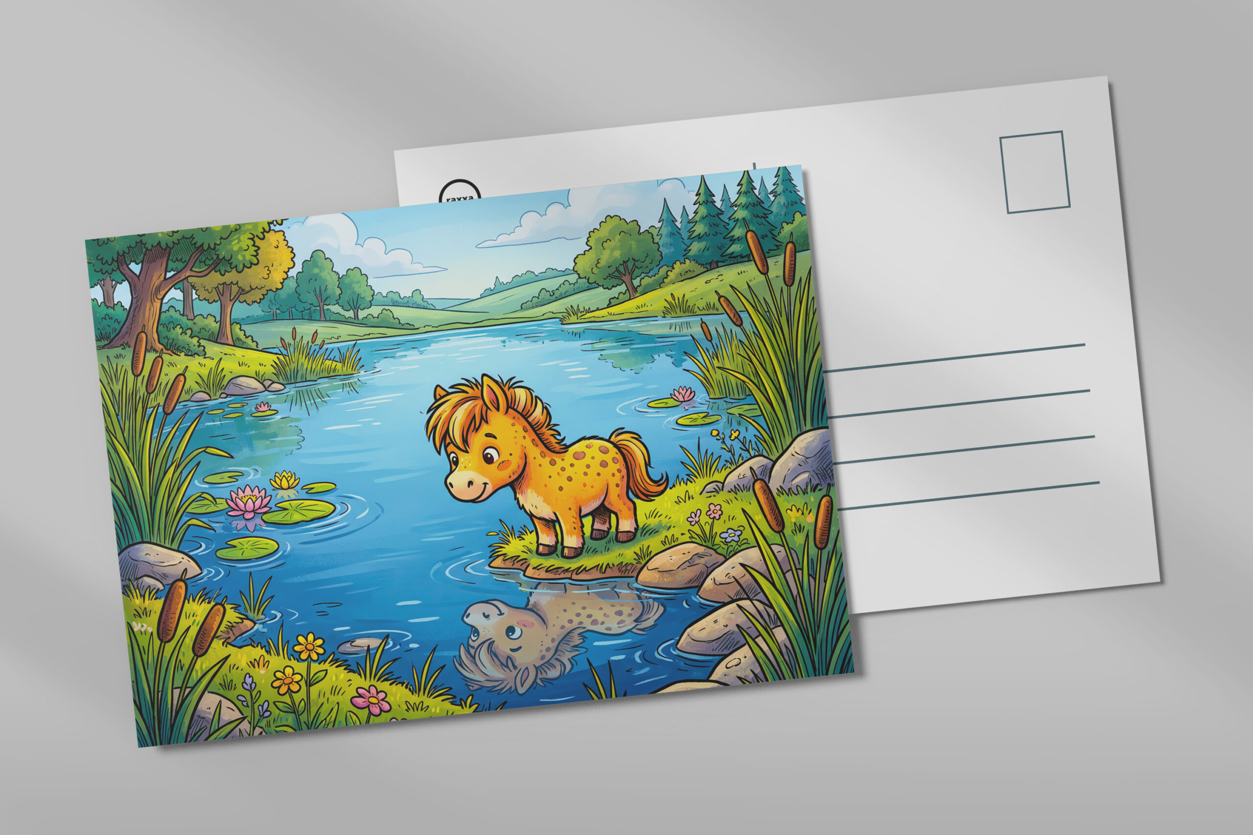 raxxa Postkarte: Small Pony Standing Beside a Lake in Peaceful Nature