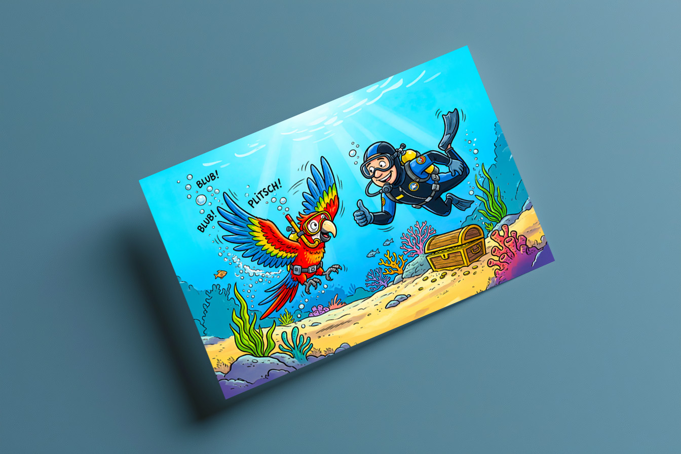 raxxa Postkarte: Parrot and Diver Underwater in Colorful Ocean Scene