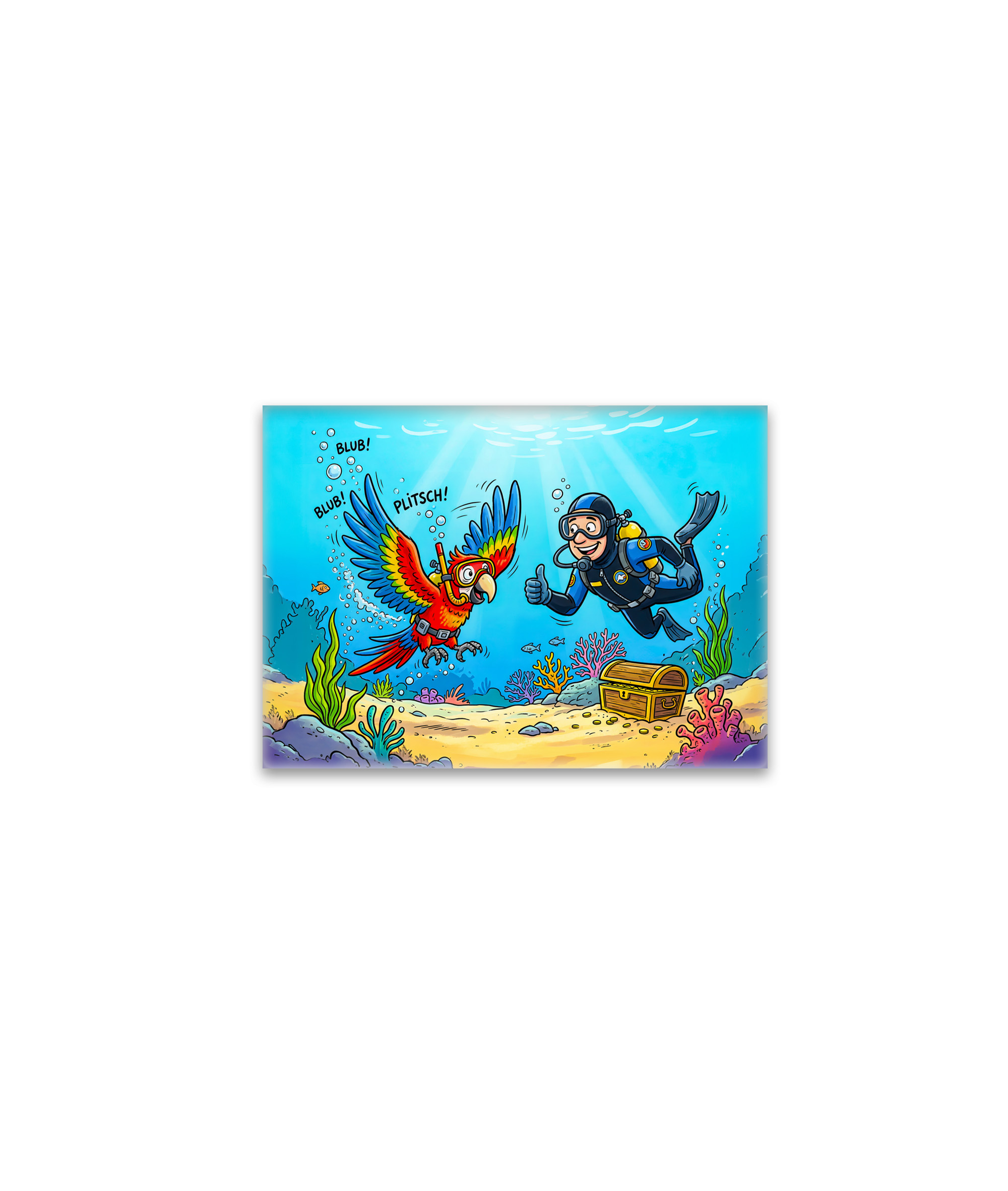 raxxa Glas-Magnet: Parrot and Diver Underwater in Colorful Ocean Scene