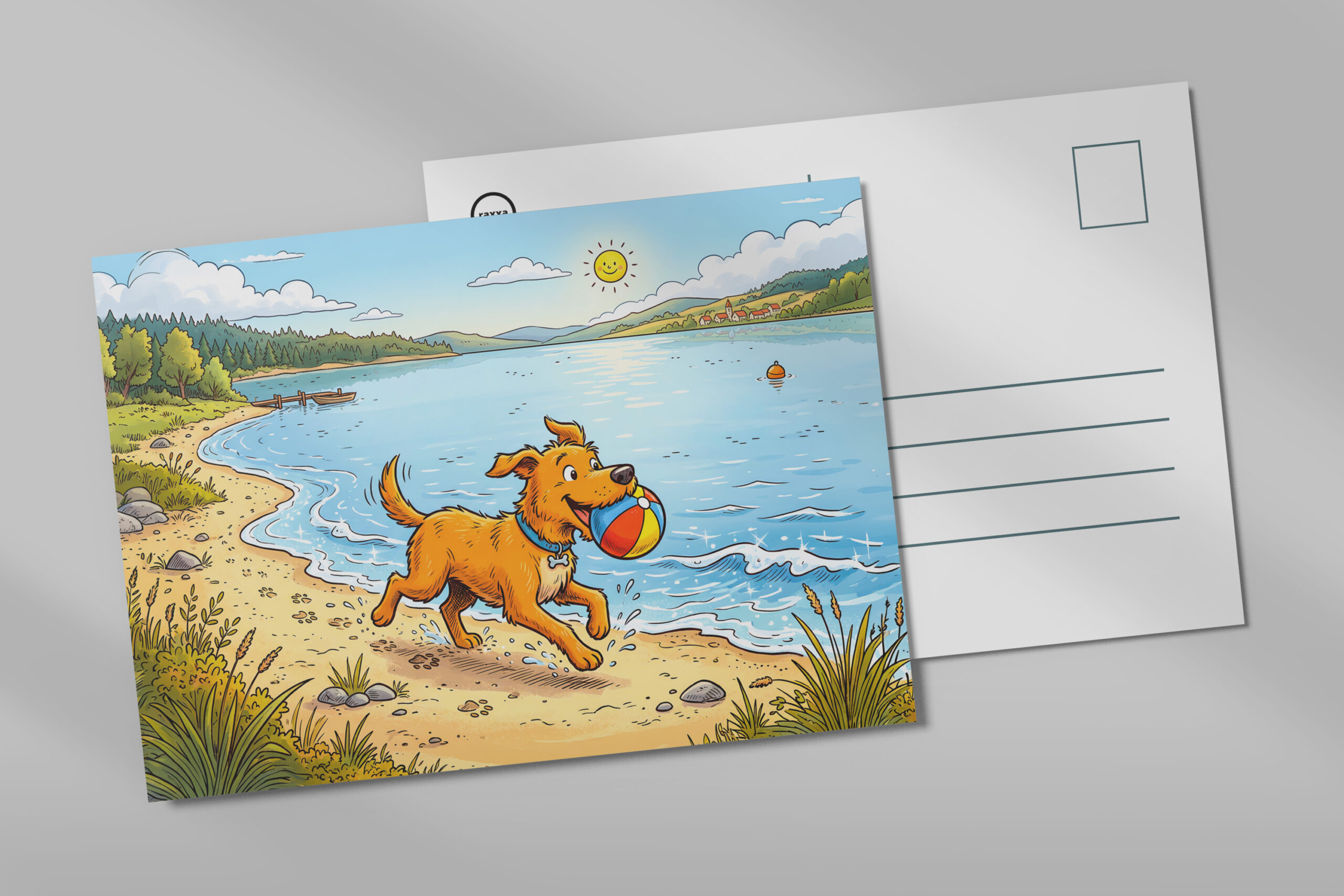 raxxa Postkarte: Dog Sitting Beside a Lake in Peaceful Nature Scene